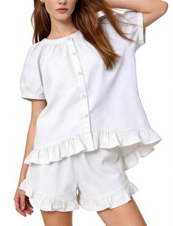 Flygo Womens Pajamas Set 2 Piece Cotton Ruffle Pj Lounge Sets Cute Puff Sleeve Babydoll…