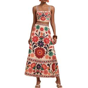 REASERAL Womens Printed Skirt Outfits Floral Halter Crop Top A Line Maxi Skirt Casual…
