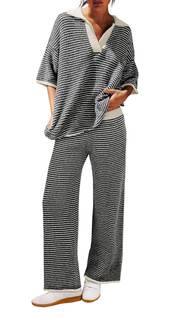 Tankaneo Womens Sweater Set Striped 2 Piece Outfits Oversized Lounge Sets | Womens…