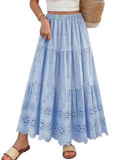 Mansy Women's Boho Eyelet Embroidery Maxi Skirt, 100% Cotton Elastic High Waist A-Line…