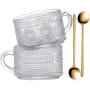 Gezzeny Vintage Glass Coffee Mugs 14 Oz Set of 2 Clear Embossed Tea Cups, Glass Coffee…