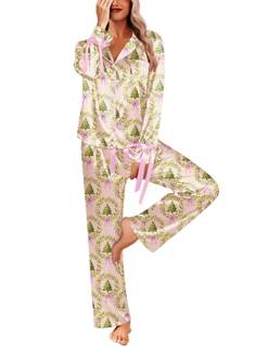 Ekouaer Women Classic Button Down Long Satin Pajamas Set Cute Bow Sleepwear | Silk…