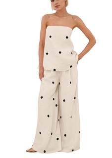 calbatic Women Polka Dot 2 Piece Outfits Spot Strapless Tube Top High Waist Wide Leg…