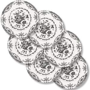 Dinner Plates Set of 6, 10.5 inch Rose Floral Plate, Black | Ceramic, White Porcelain…
