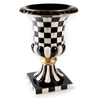 MACKENZIE-CHILDS Pedestal Tabletop Urn, Black-and-White Courtly Check | Hand-painted…