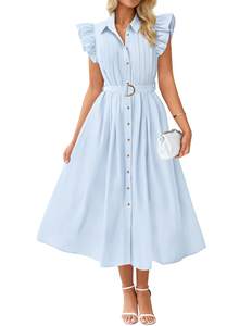 ZESICA Womens Summer Button Midi Dress Casual Work Dresses | Belted Dress,Button…