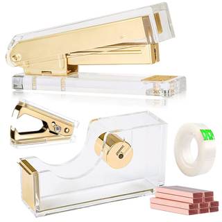 Acrylic Gold Tape Dispenser & Desktop Stapler, Includes Staple Remover, Tape, 1000pcs…