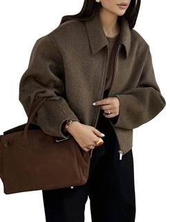 Womens Cropped Wool Jacket Plain Zipper Short Pea Coats Fall Winter Trendy Tweed Jackets…