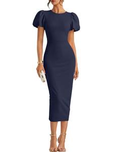 ZESICA Womens Summer Short Sleeve Bodycon Cocktail Formal Dress | Crewneck, Midi Length…