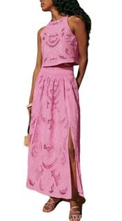 Womens Summer Sets 2 Piece Outfits Tank Top and Maxi Skirt Embroidered Suit Elegant Pink…