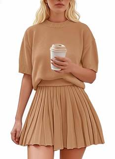 Womens 2 Piece Outfits 2026 Short Sleeve Crewneck Knit Tops And Pleated Mini Skirt Two…