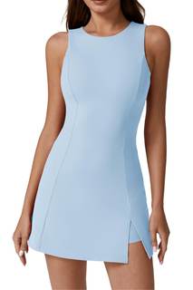 QINSEN Womens Crew Neck Tennis Dress Sleeveless Side Slit Golf Athletic Dress Build in…