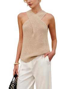 Yeokou Women Halter Cross Over Collar Tank Knit Sleeveless Top Solid Color Casual Summer…