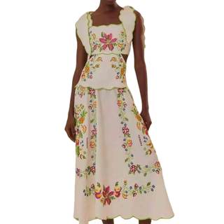 Women's Sleeveless Square Neck Backless Bow Suspender Dress, Floral Embroidery Dress…