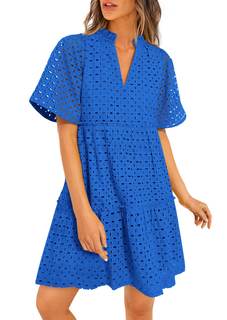 PRETTYGARDEN Eyelet Dresses for Women 2026 Summer Short Sleeve V Neck Hollow Out Ruffle A…