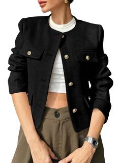Cicy Bell Womens Cropped Tweed Blazers Jacket Collarless Button Down Coats | Business…