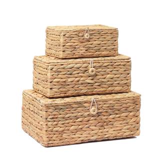 LUSYDECO Set of 3 Wicker Storage Baskets with Lid, Large Rectangular Rattan Basket…