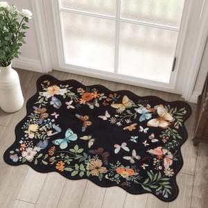 Rugalia Washable Scalloped Butterfly Entryway Rug, 2x3 Black Non-Slip Boho Indoor Door…