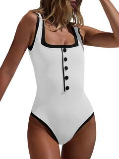 Saodimallsu Womens One Piece Swimsuit Vintage Ribbed Slimming High Cut Color Block Button…