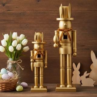 Weysat 2 Pcs Neutral Easter Nutcracker Figure Gold Wooden Bunny Nutcracker Figures with…