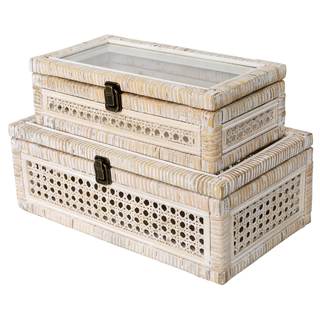 DECOR4SEASON Rattan and Cane Stacking Boxes with Glass Top Lid - Set of 2 11.8" and…