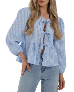PRETTYGARDEN Women's Spring Fall Babydoll Peplum Blouse Shirt Puff Long Sleeve Bow Tie…