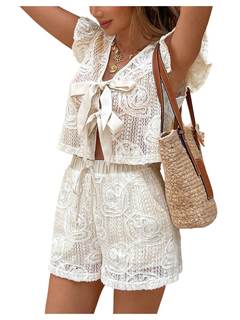 SOLY HUX Women's Summer Vacation Eyelet Short Sets 2 Piece Outfit | Tie Front, Ruffle…