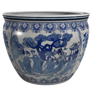 Red Lantern 12" Ladies Blue & White Porcelain Fishbowl Planter or Cachepot for…