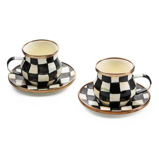 MACKENZIE-CHILDS Espresso Cup & Saucer Set, Black-and-White Courtly Check | Hand-painted…