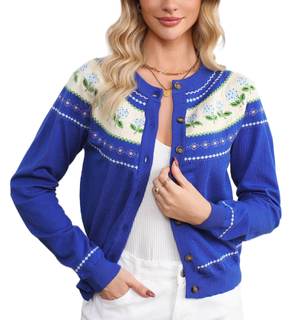Womens Long Sleeve Open Front Cardigan Sweaters Button Down Crew Neck Floral Print Knit…