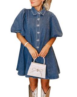 LifeShe Women's Blue Denim Babydoll Mini Dress with Puff Sleeves, Lapel Collar & Diamond…