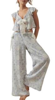 Adoeren Women Y2k 2 Piece Front Tie Pajama Ruched Ruffle Sleeveless V Neck Crop Tops Long…