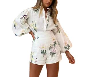 Molilove Womens 2 Piece Outfit Hawaiian Long Sleeve Button Down Shirt Shorts Tracksuit…