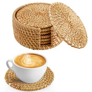 6Pcs Handmade Natural Rattan Coasters Set with Holder, Boho Coastal Decor | Farmhouse…