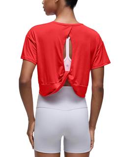 CRZ YOGA Open Back Crop T-Shirt | Yoga, Drappy, Relaxed Fit, Twist Knot, High Neck, Short…