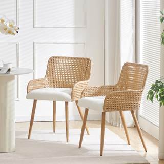 Rattan Dining Chairs,Farmhouse Upholstered Boucle Kitchen Chair with Armrest,PE Rattan…