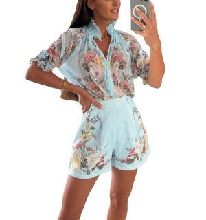 THLAI Women 2 Piece Floral Print Mesh Short Sleeve Shirt Top and Shorts with Pockets…