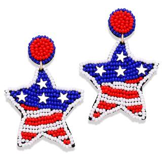 American Flag Beaded Star Drop Dangle Earrings - Patriotic Memorial Day & 4th of July…