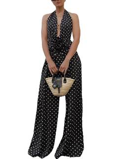 THLAI Sexy Deep Vneck Jumpsuits for Women Polka Dot Halter Neck Backless Wide Leg…
