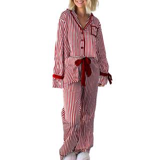 Women Christmas Cute Bow Pajama Sets Satin Silk Xmas Graphic 2 Piece Sleepwear Long…