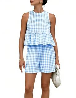 QIBABU Womens 2 Piece Outfits Summer Gingham Plaid Peplum Tank Tops High Waist Shorts…