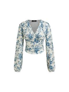 CIDER Floral Print Long Sleeve Crop Top V Neck Blouse Women Fashion Large Blue