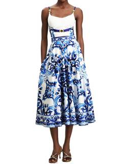 Blue Spaghetti Strap Printed Floral Two Piece Skirt Set for Women Vintage Prom Skirt and…