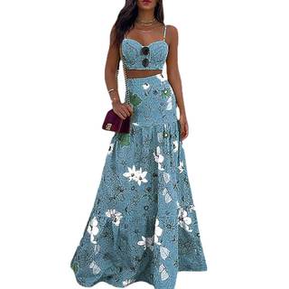 THLAI Women's 2 Piece Sexy Floral Print Skirt Sets Sleeveless Camisole Top Maxi Pleated…