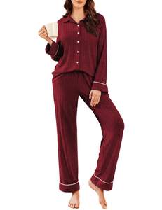 Ekouaer Womens Pajama Sets Long Sleeve Ribbed Knit Lounge Set Button Down Soft 2 Piece…