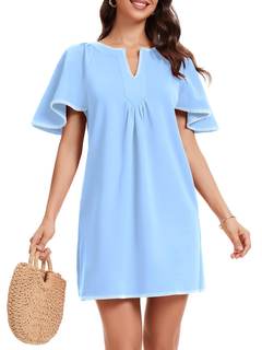 HOULENGS Women's Summer Flutter Short Sleeve A Line Mini Dress Casual Contrast Trim V…