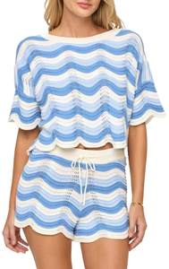 2 Piece Sets for Women Short Sleeve Striepd Crochet Cover Up Tied Shorts Beach Clothes…