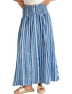 InterNos Womens Striped Maxi Skirt Trendy Front Buttons Elastic Waistband A-Line Boho…