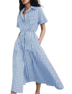 Daacee Women's Gingham Midi Shirt Dress Casual Collared Short Sleeve Tie Belt Button Down…