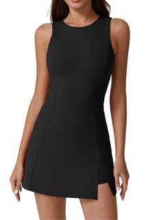 QINSEN Womens Crew Neck Tennis Dress Sleeveless Side Slit Golf Athletic Dress Build in…